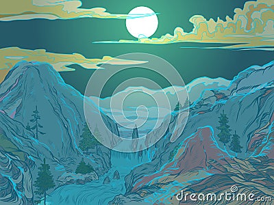 Winter mountain night. ski resort or nature Park Vector Illustration