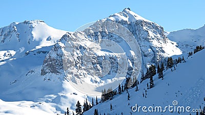 Winter mountains with cabins Stock Photo