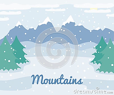 Winter mountains landscape with spruce trees and snow, winter outdoor view, countryside nature illustration Vector Illustration
