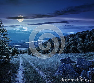 Winter in mountains meets spring in valley at night Stock Photo