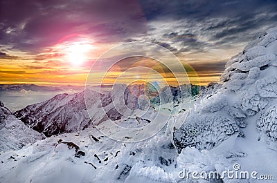 Winter mountains scenic view with frozen snow and icing Stock Photo