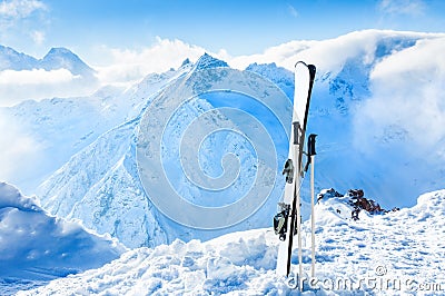 Winter mountains and ski equipment in the snow Stock Photo