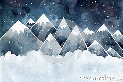 Winter night landscape. High mountains, snowflakes and drifts. Cartoon Illustration