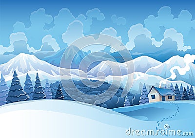 Winter mountains snowy landscape with pines forest and hills on background. Vector drawing of snow-covered field on Stock Photo