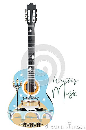 Winter music. Abstract treble clef decorated with snowflakes and notes. Vector Illustration