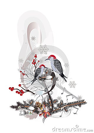 Winter music. Abstract treble clef decorated with snowflakes and notes, holly and birds. Vector Illustration