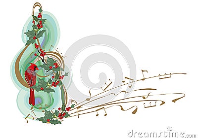 Winter music. Abstract treble clef decorated with snowflakes and notes, holly and birds. Vector Illustration