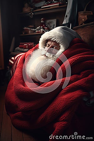 Winter Naptime: Santa Wrapped Up in a Soft Blanket. Generative ai Stock Photo