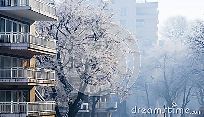 Winter nature, snow covered tree, architecture blending outdoors generated by AI Stock Photo