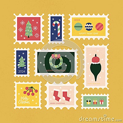 Winter New Year Christmas Postal Stamps Vector Illustration
