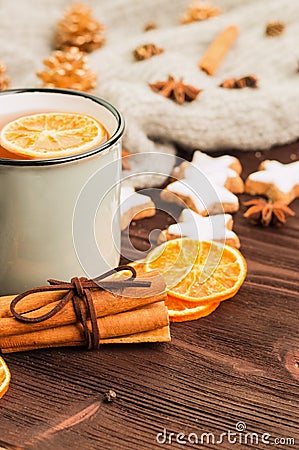 Winter and New Year theme. Christmas tea with spices Stock Photo