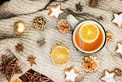 Winter and New Year theme. Christmas tea with spices Stock Photo