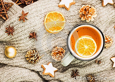 Winter and New Year theme. Christmas tea with spices Stock Photo