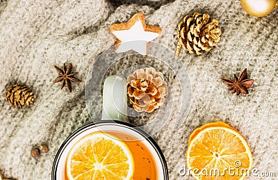 Winter and New Year theme. Christmas tea with spices Stock Photo