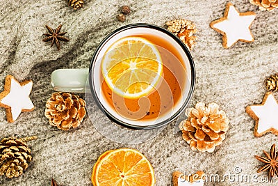 Winter and New Year theme. Christmas tea with spices Stock Photo