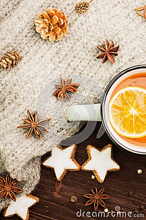 Winter and New Year theme. Christmas tea with spices Stock Photo