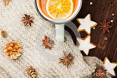 Winter and New Year theme. Christmas tea with spices Stock Photo