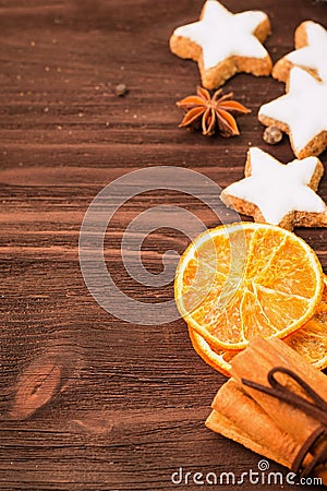 Winter and New Year theme. Spices, orange, cinnamon, anise Stock Photo