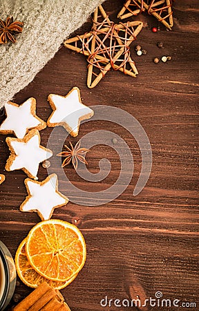 Winter and New Year theme. Spices, orange, cinnamon, anise Stock Photo