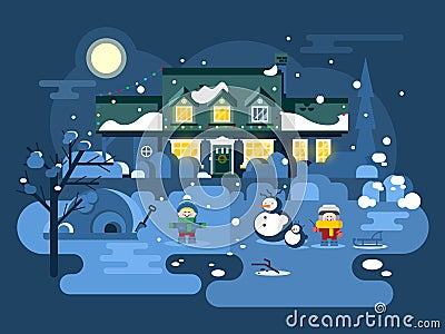 Winter night children play Vector Illustration