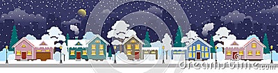 Winter night cityscape panorama street view with suburban houses cottages merry christmas and happy new year Vector Illustration