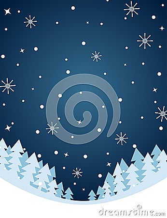 Winter night illustration with snowfall and trees Vector Illustration