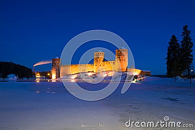 Winter night landscape with an ancient fortress. Savonlinna, Finland Editorial Stock Photo