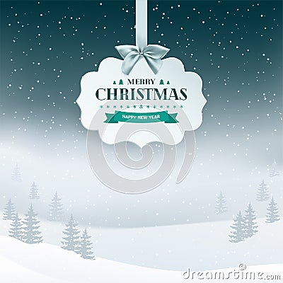 Winter night landscape background with falling snow and trees in the fog. Paper 3D label with silver ribbon and bow. Vector Illustration