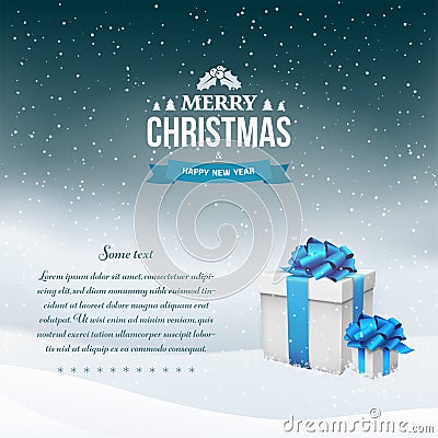 Winter night landscape background with snowfall and gift boxes with blue bow and ribbon. Vector Illustration