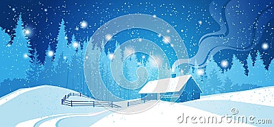 Winter Night Landscape Countryside Snowy House With Pine Tree Forest Over Blue Sky With Stars Vector Illustration