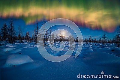 Winter night landscape with forest, moon and northern light over the forest Stock Photo