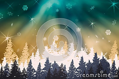 Winter night landscape-forest panorama with blue- green-white christmas trees, northern lights, aurora, snow, snowflakes Stock Photo