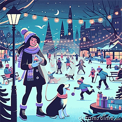 a winter night in a park, as people relish outdoor pastimes amidst the seasonal decorations ,Snowboarding Stock Photo