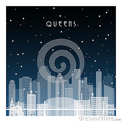 Winter night in Queens NYC. Vector Illustration