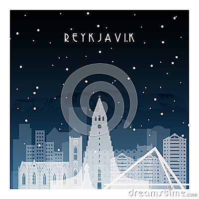 Winter night in Reykjavik. Vector Illustration