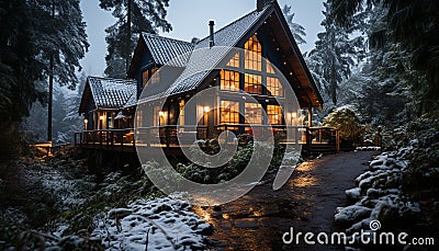 Winter night, snow covered forest, illuminated cottage window generated by AI Stock Photo
