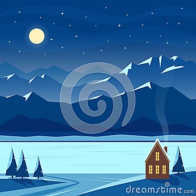 Winter night snow landscape with moon, mountains, hills, stars, fir trees, river, lake, cozy house, village cottage. Cartoon Illustration
