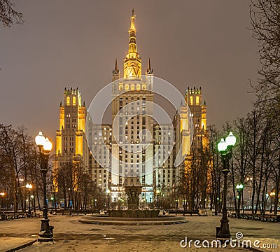 Winter Night view on the residential Stalinist high-rise building on Kudrinskaya Square with illumination. It is the one of seven Stock Photo
