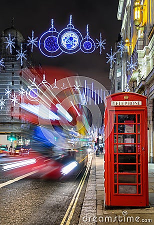 Winter nightscene in London on a decorated highstreet for christmas Stock Photo