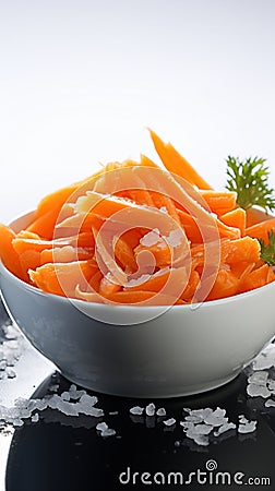 Winter nourishment Frozen cut carrot in white bowl, healthy food Stock Photo