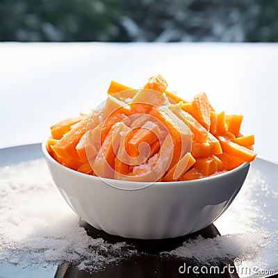 Winter nourishment Frozen cut carrot in white bowl, healthy food Stock Photo