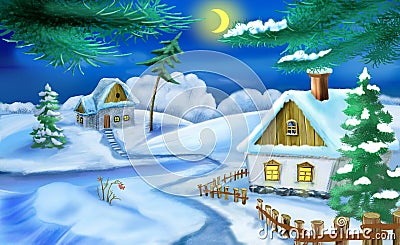 Winter in a Old Ukrainian Traditional Village at Christmas Eve Cartoon Illustration