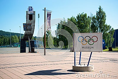 Winter Olympic statues and museum sign, Lillehammer, Norway Editorial Stock Photo