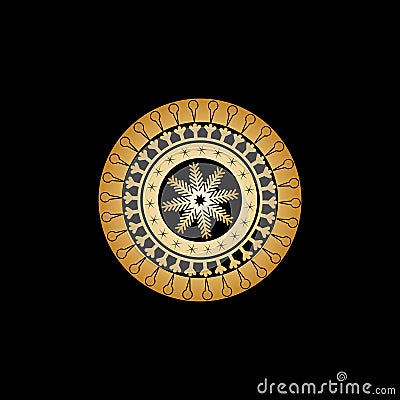 Winter ornament from circles and patterns in the form of horns with ice cream, bird`s pads, asterisks and a big gold snowflake in Vector Illustration