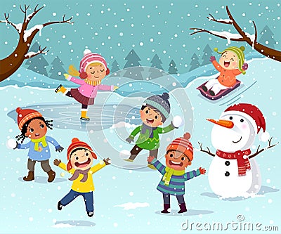 Winter outdoor activities with kids and snowman. Children playing snowballs, sledding and ice skating outdoor in winter Vector Illustration