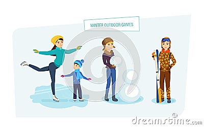 Winter outdoor. People do their favorite hobby in open air. Vector Illustration