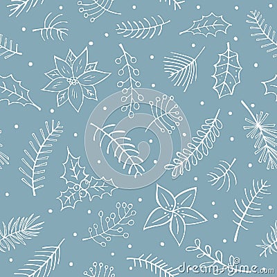 Winter outlined hand drawn branches twigs flowers foliage seamless pattern Vector Illustration