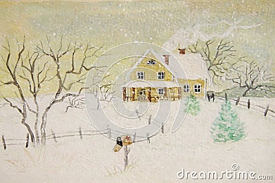 Winter painting of house with mailbox Stock Photo