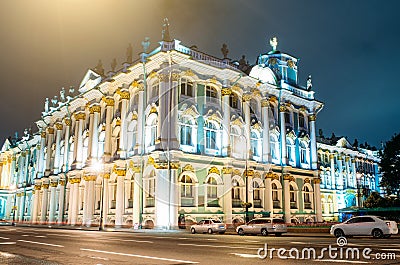 Winter Palace Hermitage at the crossroads at night in St. Petersburg. Stock Photo