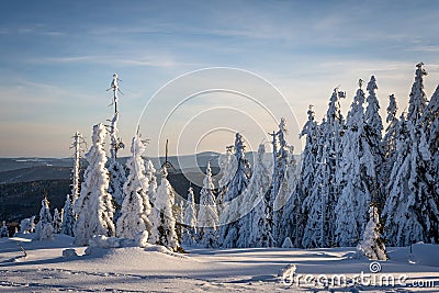 Winter panorama Dreisessel Mountains on the border of Germany with the Czech Republic, Bavarian Forest - Sumava National Park. Stock Photo